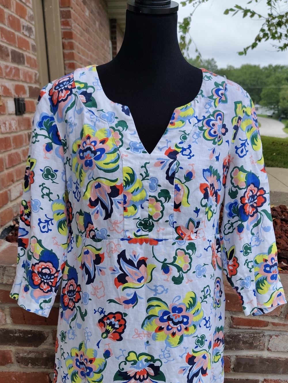 Boden 100% Linen 3/4 Sleeves V Neck Floral Mini Dress Size 10L Beachy Bohemian - Picture 3 of 16